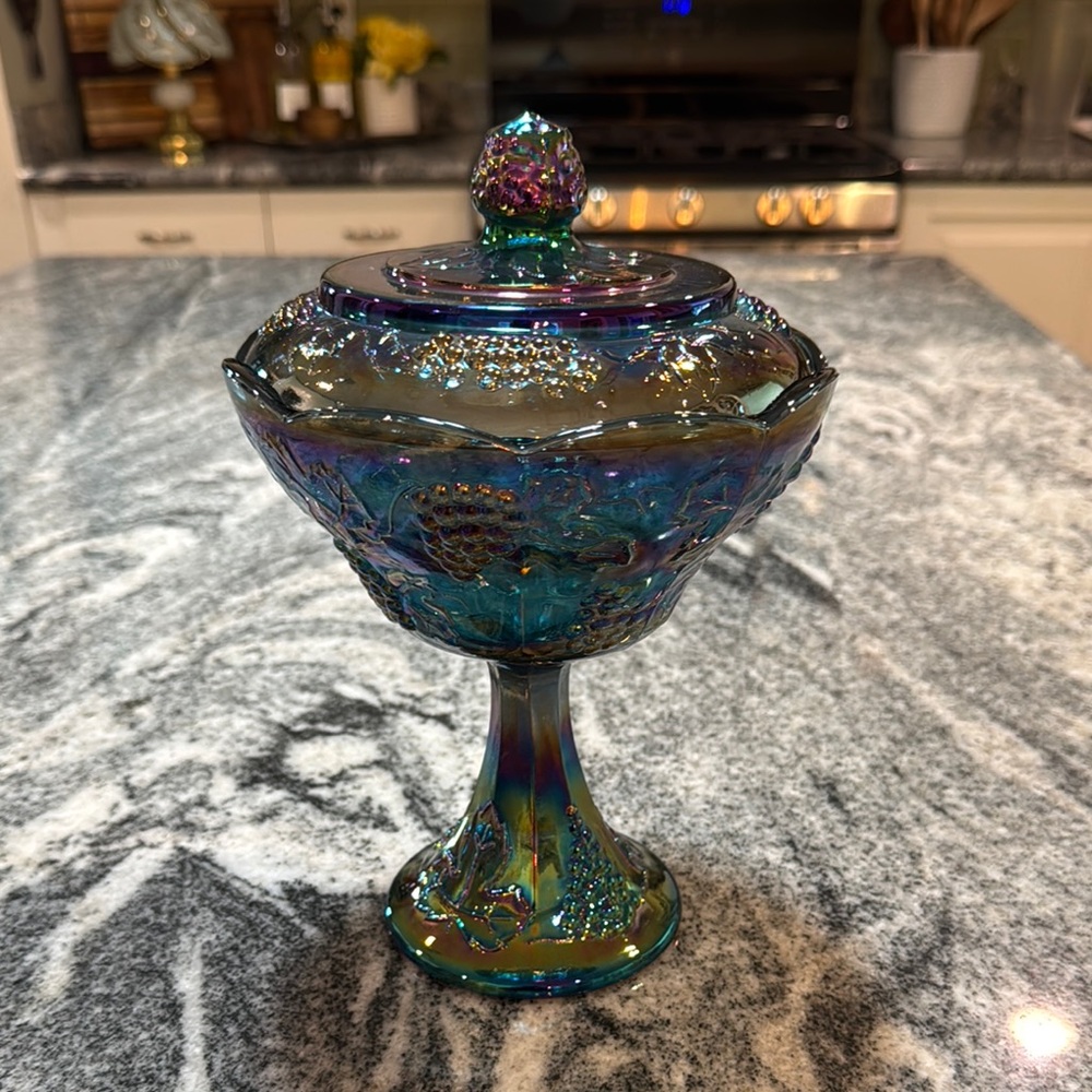 Vintage Indiana Glass Co Iridescent Carnival Pedestal Candy Dish